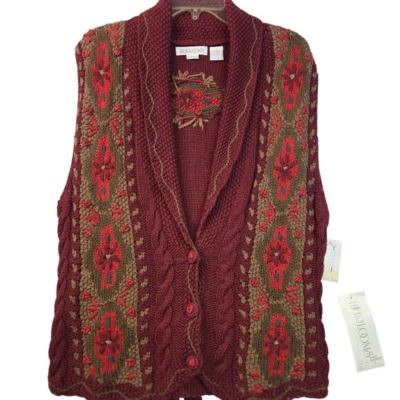 Handknit Sweater Vest Size Large Floral Embroidery Vintage Deadstock Brick Red - Picture 1 of 9